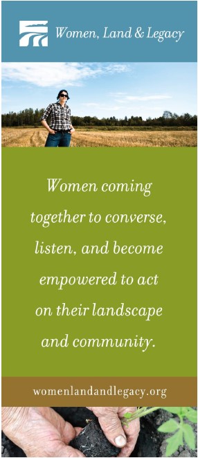 Vertical banner showing photo of woman standing in a field with words below "Women coming together to converse, listen, and become empowered to act on their landscape & community.