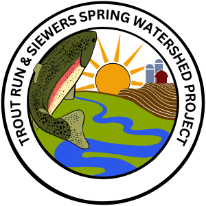 Trout Run & Siewers Spring logo with a graphic that has stream, rising sun and farmland in the background and a trout in the foreground